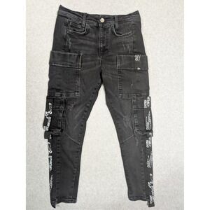 Zara Mens Skinny Jeans Black Distressed Cargo Graphic Straps Size 30 Punk Emo